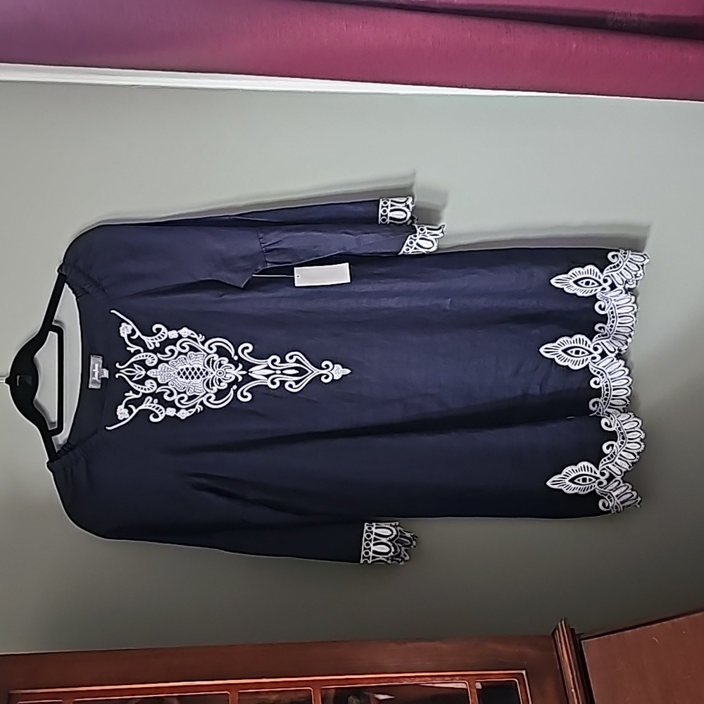 NWT Neiman Marcus Navy Blue & White stitch dress